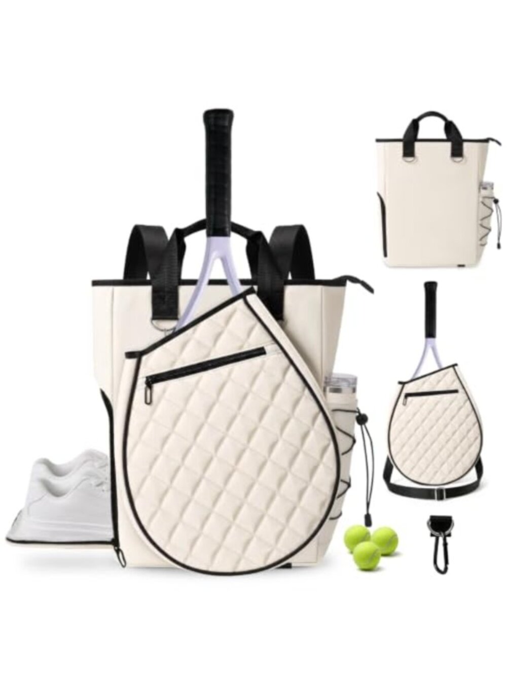 Quilted Tennis Backpack Detachable Racket Sleeve Polyester 3-Way Carry